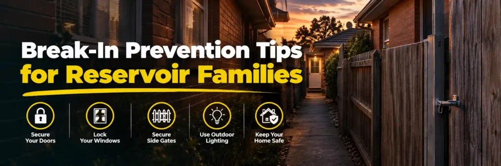 Break-in prevention tips for Reservoir families showing a secure suburban side passage, gate, and home entrance at dusk