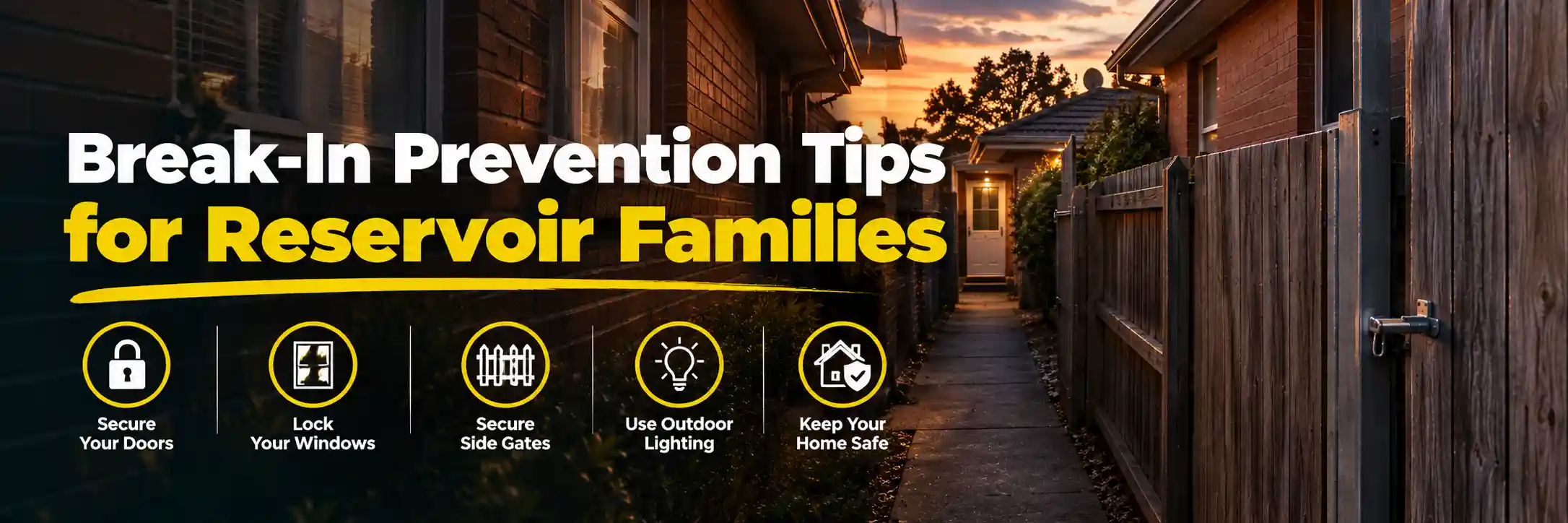 Break-in prevention tips for Reservoir families showing a secure suburban side passage, gate, and home entrance at dusk